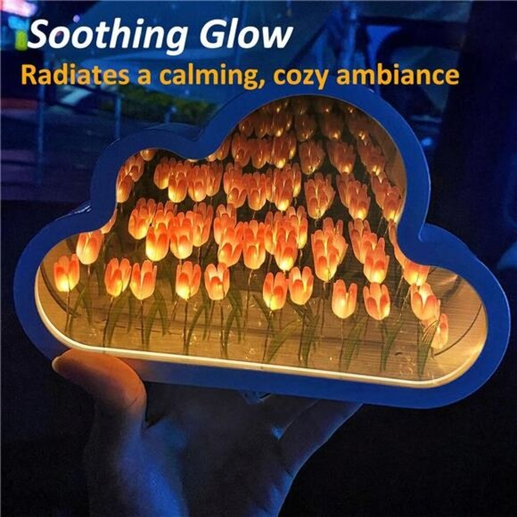 Tulip Cloud Mirror Night Light Pink Table Lamp Bedroom Decor Gift for Girls - Picture 6 of 8